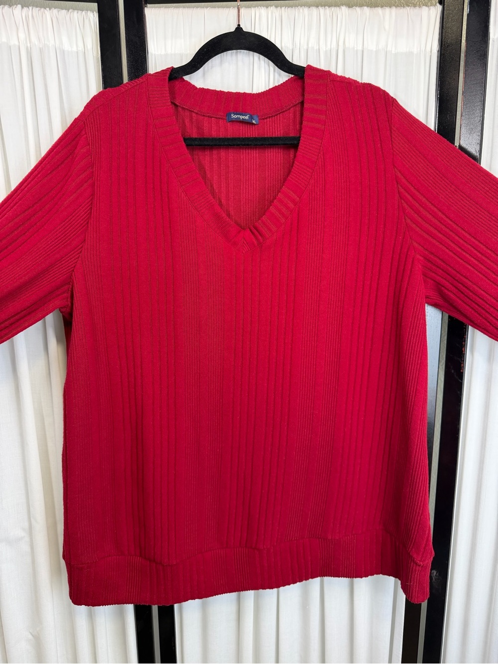 Comfortable V-Neck Ribbed Sweater in Red by Sampeel